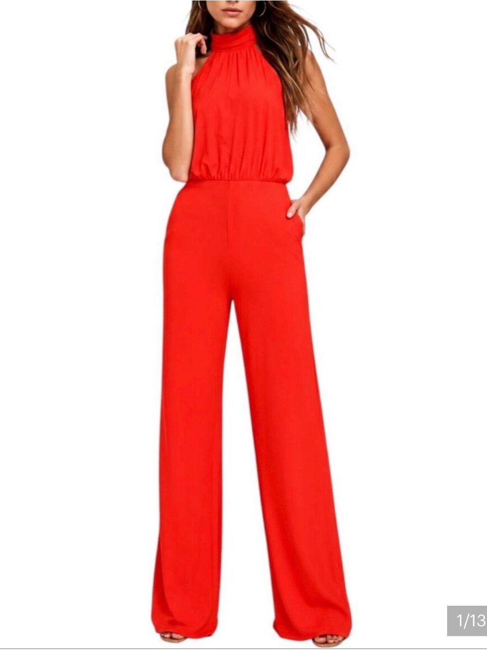 Lulu's Bright Red Sleeveless Halter One-Piece Jumpsuit